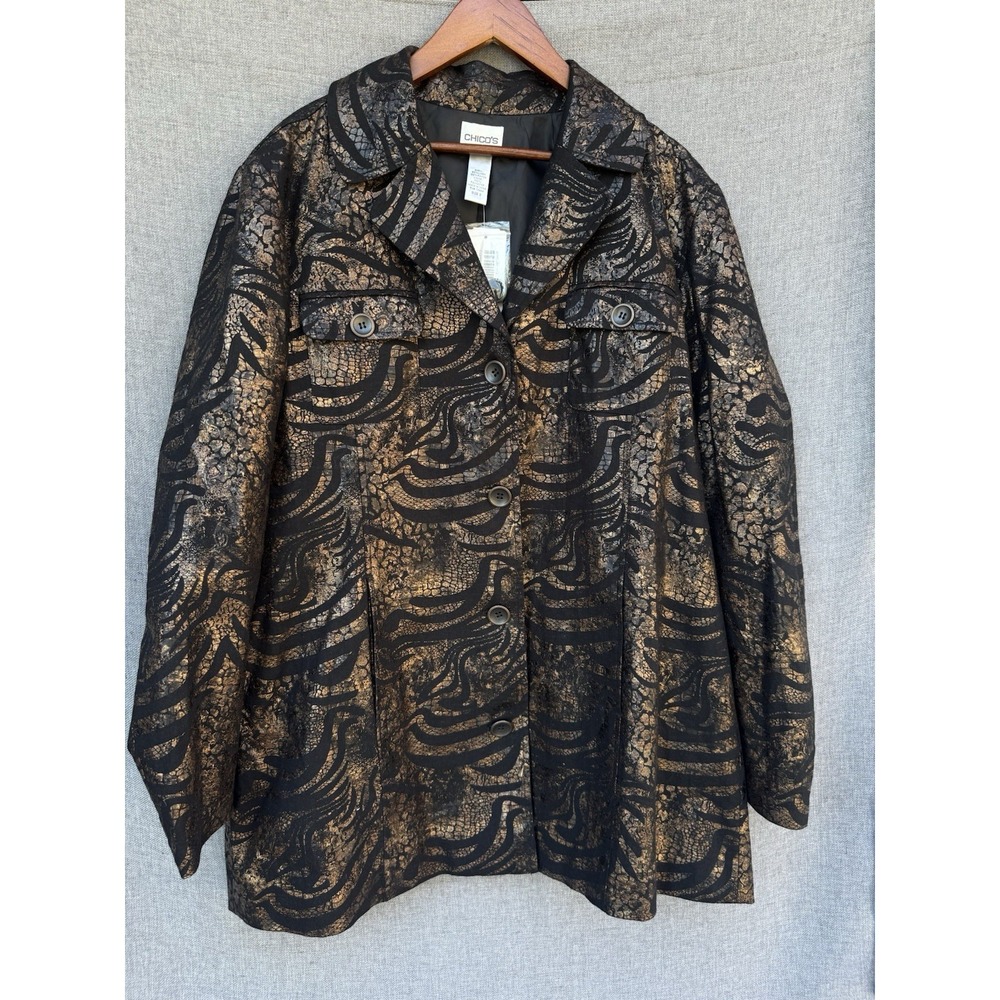 NWT Sz‎ 2 (12/L) Chicos Blazer Copper Jacquard Jacket Chocolate Metallic Snake